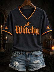 Women's Halloween Witchy Print Casual V-Neck Tee