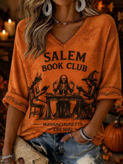Women's Salem Book Club Printed Mid-length Sleeves V-neck T-shirt