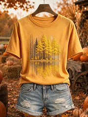 Women's Autumn Trees Lake Reflection Print Comfy Short-sleeved T-shirt