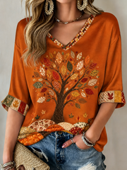 Women's Fall Trees Fall Leaves Printed Mid-length Sleeves V-Neck T-Shirt