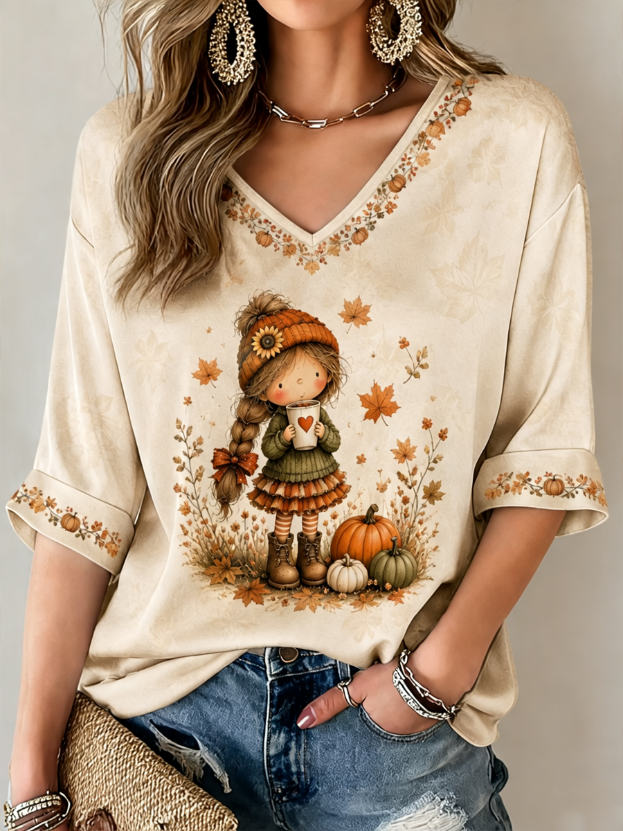 Women's Fall Trees Fall Leaves Printed Mid-length Sleeves V-Neck T-Shirt