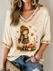 Women's Fall Trees Fall Leaves Printed Mid-length Sleeves V-Neck T-Shirt