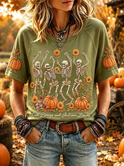 Women's Fall Breeze and Autumn Leaves Skeletons Print Round Neck Short Sleeve T-shirt