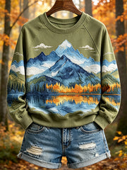Women's Autumn Watercolor Mountain Reflection Print Raglan Sleeve Sweatshirt