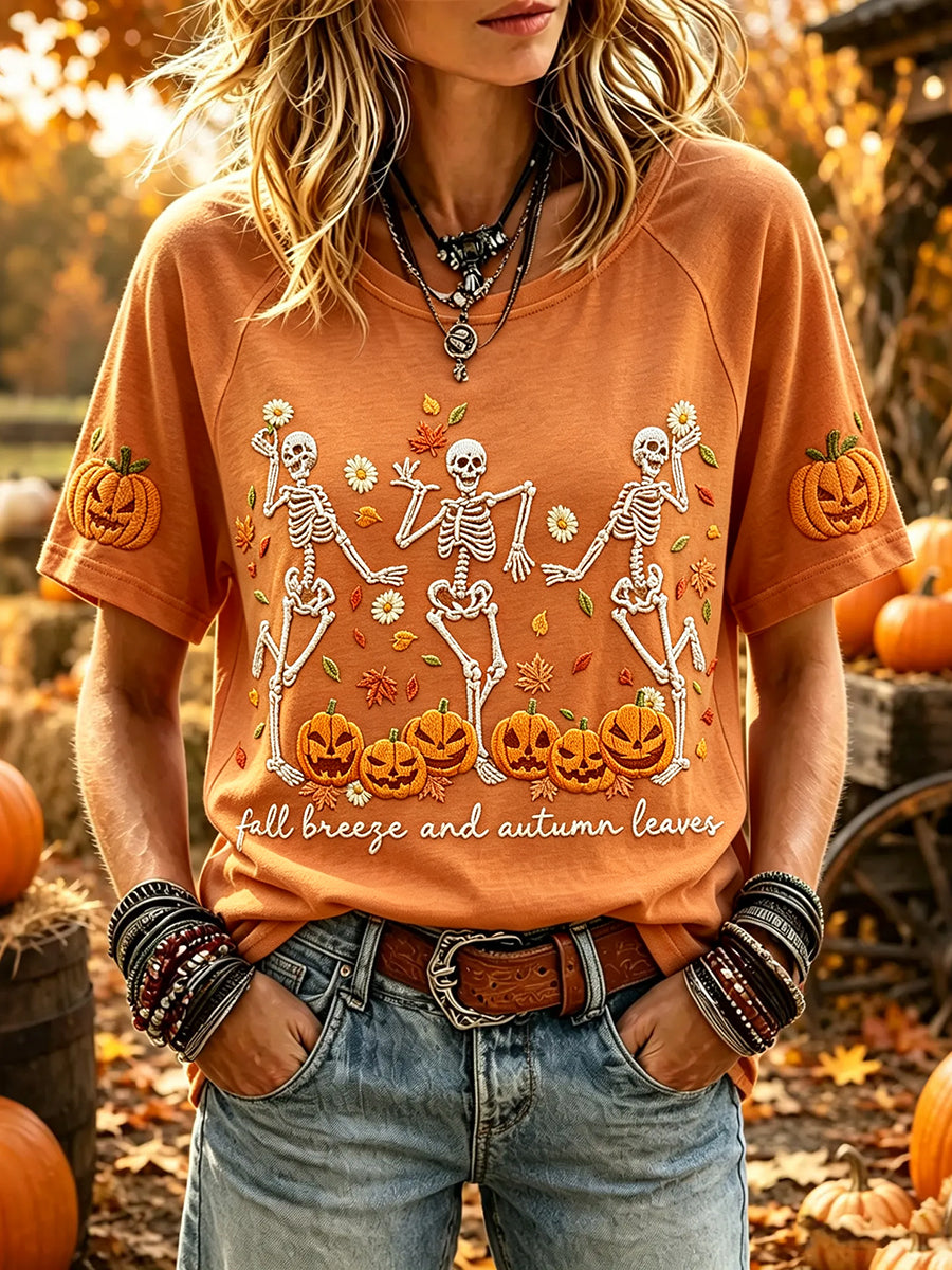 Women's Fall Breeze and Autumn Leaves Skeletons Print Round Neck Short Sleeve T-shirt