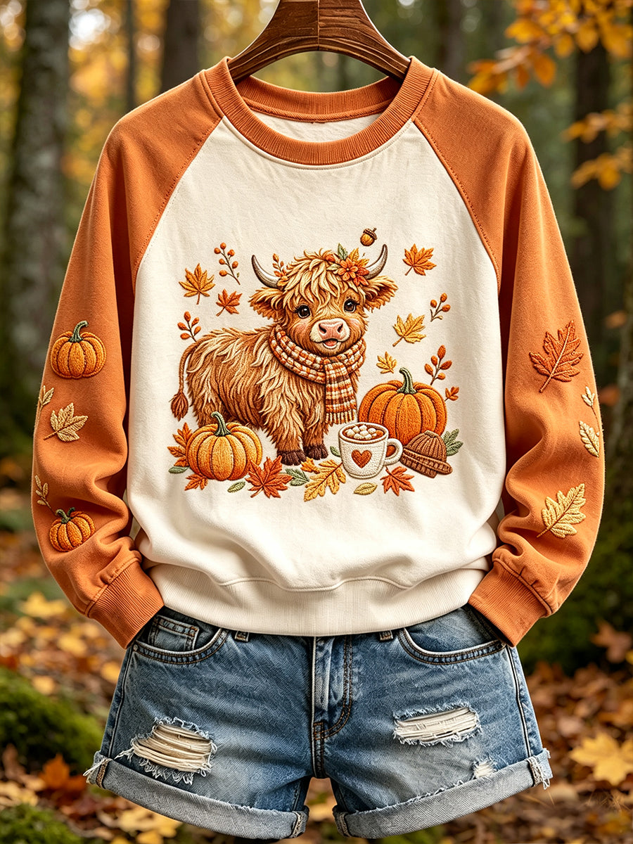 Women's Autumn Highland Cow Print Contrast Color Raglan Sleeve Sweatshirt