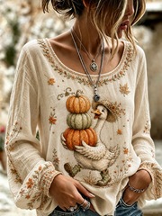 Women's Fall Trees Fall Leaves Printed Cotton-Linen Shirt