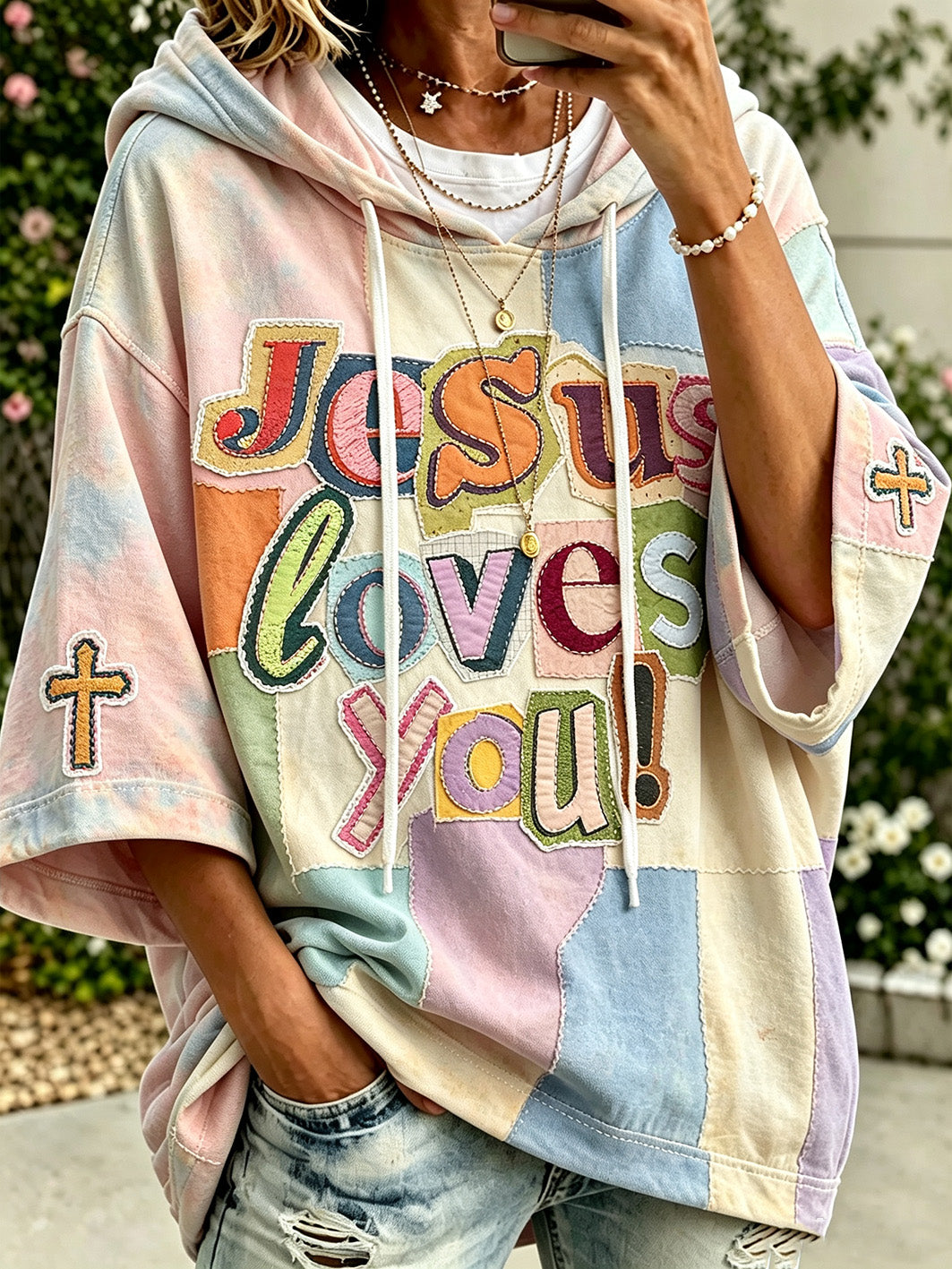 Women's faith theme slogan color-blocked design casual hoodie