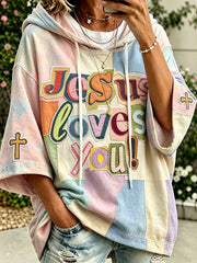 Women's faith theme slogan color-blocked design casual hoodie