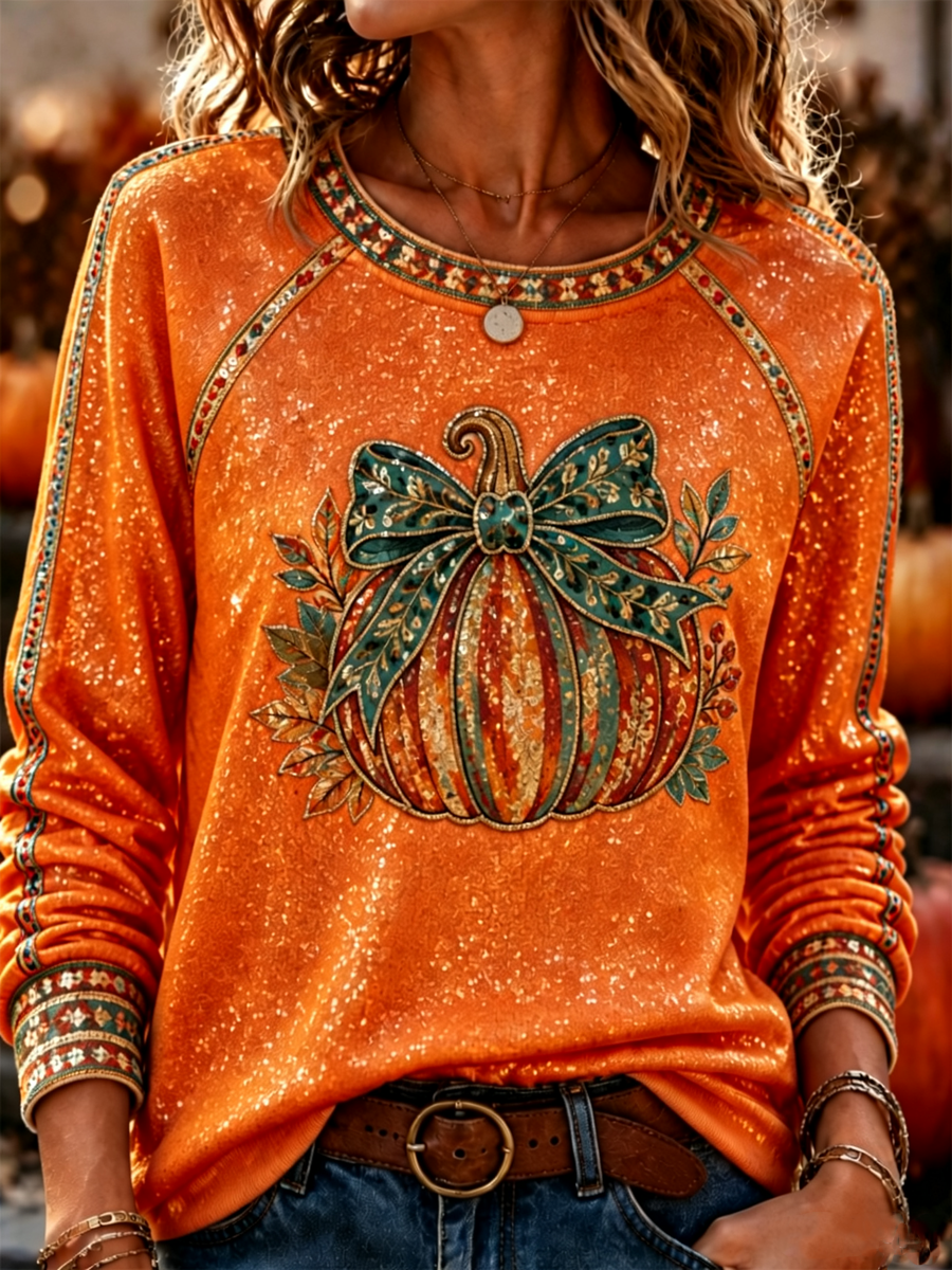 Women's Autumn pumpkin print raglan sleeve sweatshirt
