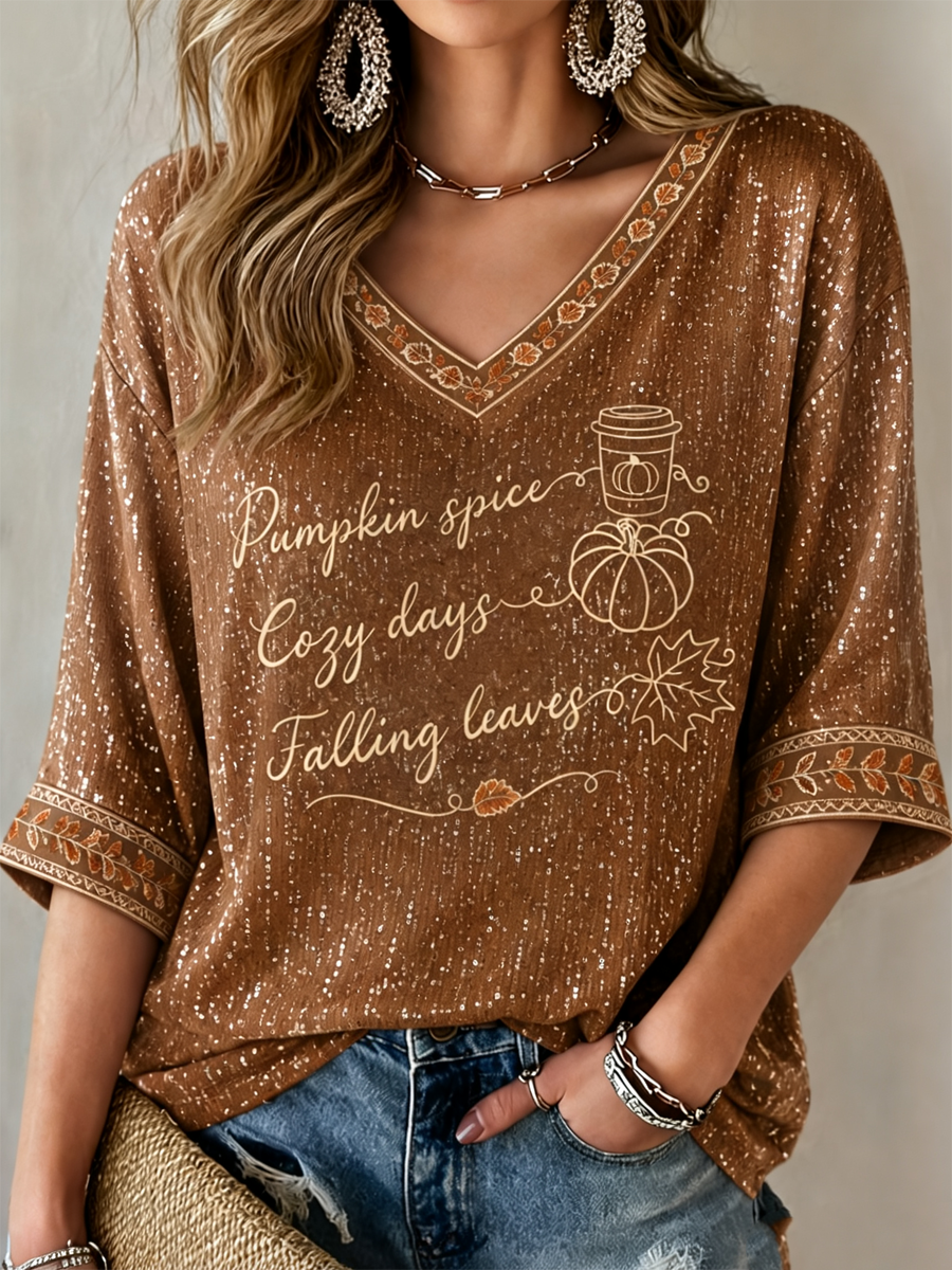 Women's Fall Trees Fall Leaves Printed Mid-length Sleeves V-Neck T-Shirt
