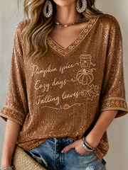 Women's Fall Trees Fall Leaves Printed Mid-length Sleeves V-Neck T-Shirt