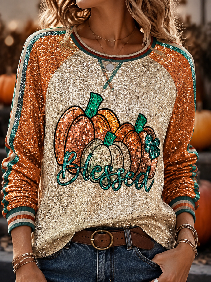 Women's Autumn pumpkin print Printed raglan sleeve sweatshirt