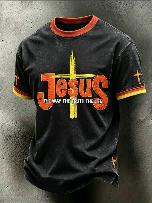 Men's faith theme slogan printed casual short-sleeve T-shirt