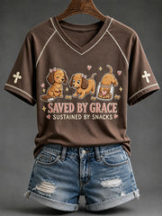 Women's Saved By Grace Sustained By Snacks Dachshund Print V-neck Short-sleeved T-shirt
