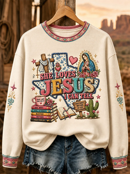 Women's She Loves Jesus I Can Tell Print Casual Sweatshirt