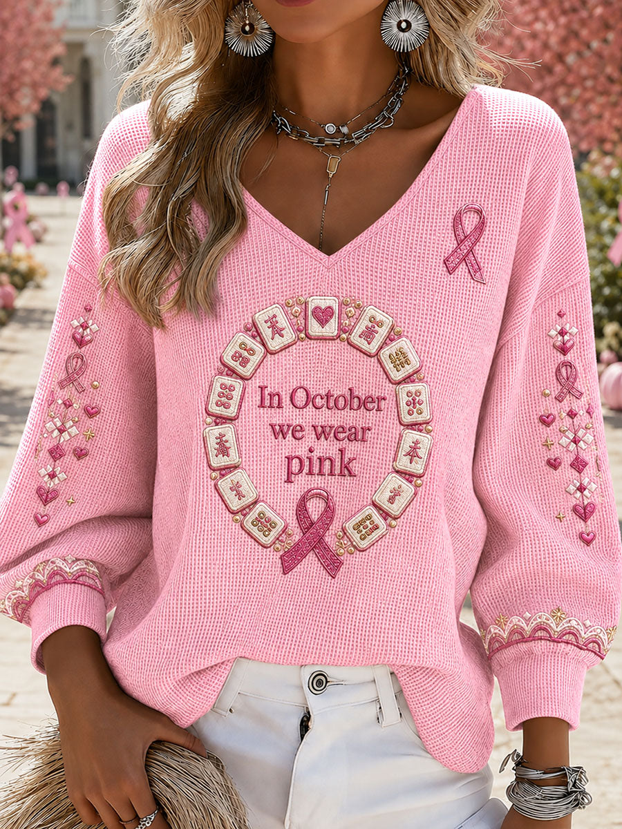 Women's "In October we wear pink" Mahjong Waffle V-neck Tops