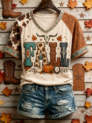 Women's Western-style autumn printed V-neck off-shoulder short-sleeved T-shirt