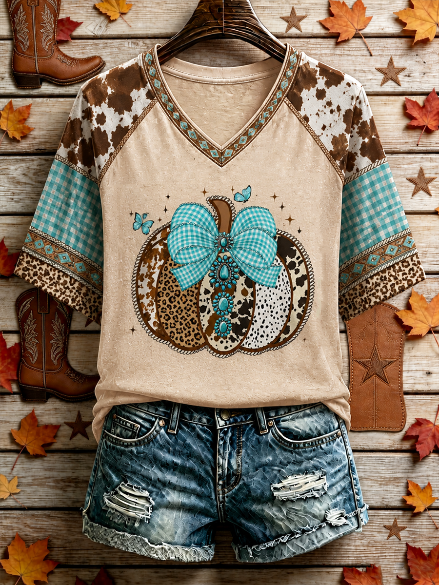 Women's Western-style autumn printed V-neck off-shoulder short-sleeved T-shirt
