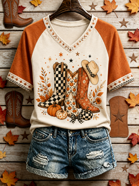 Women's Western-style autumn printed V-neck off-shoulder short-sleeved T-shirt