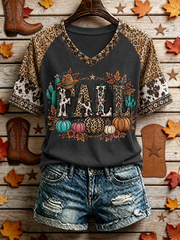 Women's Western-style autumn printed V-neck off-shoulder short-sleeved T-shirt