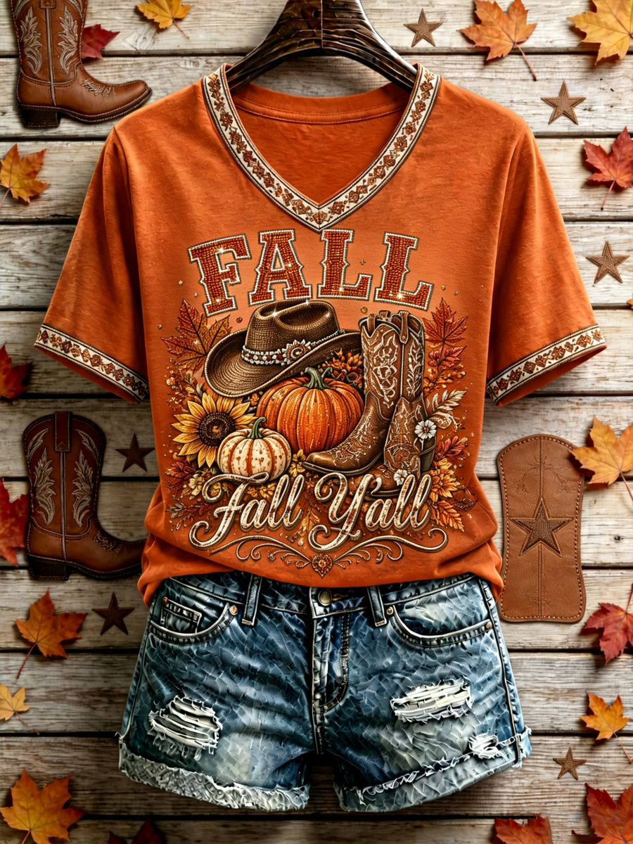 Women's Western-style autumn printed short-sleeved T-shirt