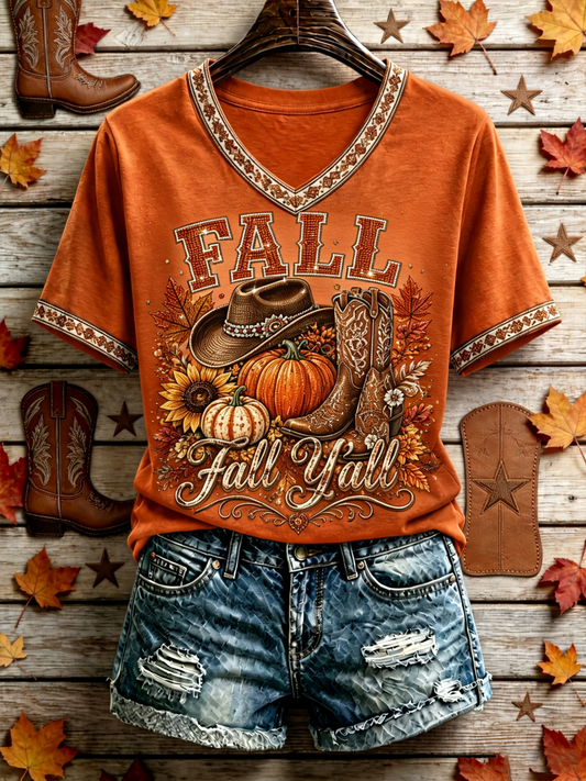 Women's Western-style autumn printed short-sleeved T-shirt