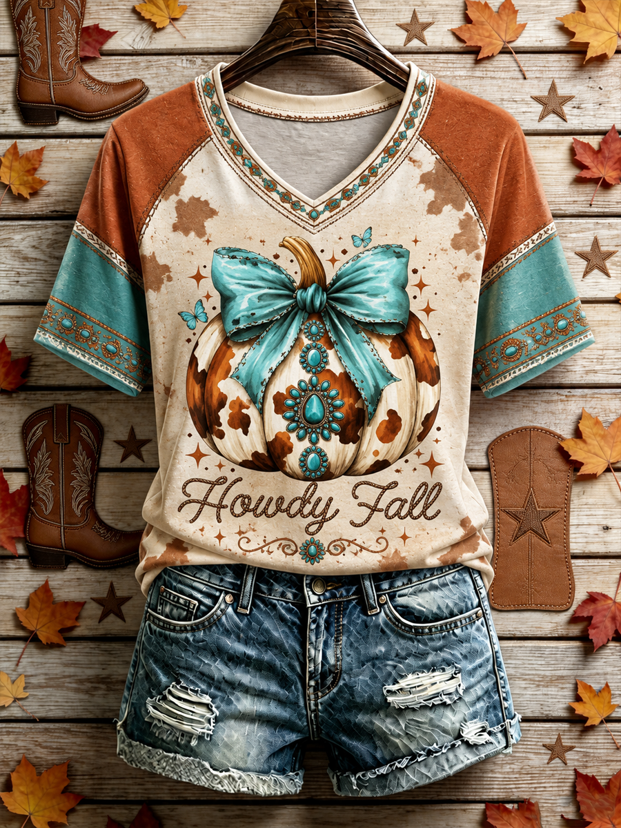 Women's Western-style autumn printed V-neck off-shoulder short-sleeved T-shirt
