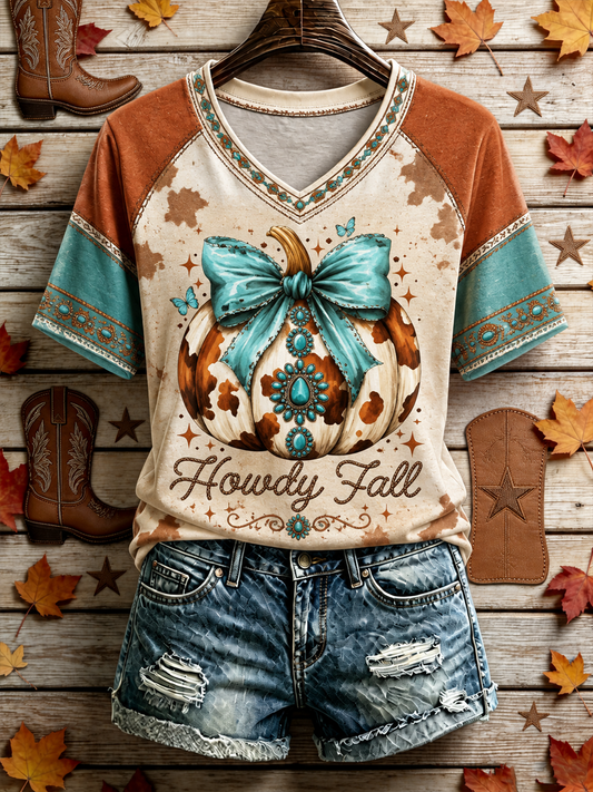 Women's Western-style autumn printed V-neck off-shoulder short-sleeved T-shirt