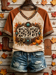 Women's Western-style autumn printed V-neck off-shoulder short-sleeved T-shirt