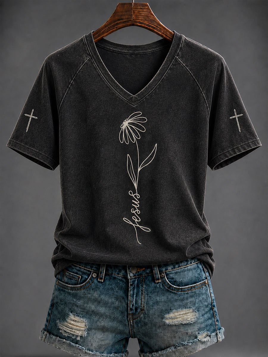 Women's Faith“JESUS” Printed V-neck T-shirt