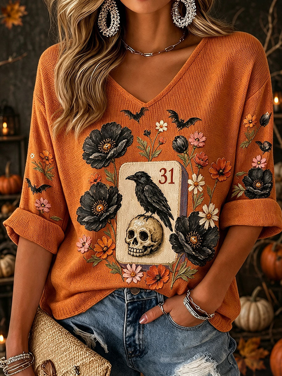 Women's Halloween Mahjong Waffle V-Neck Tops