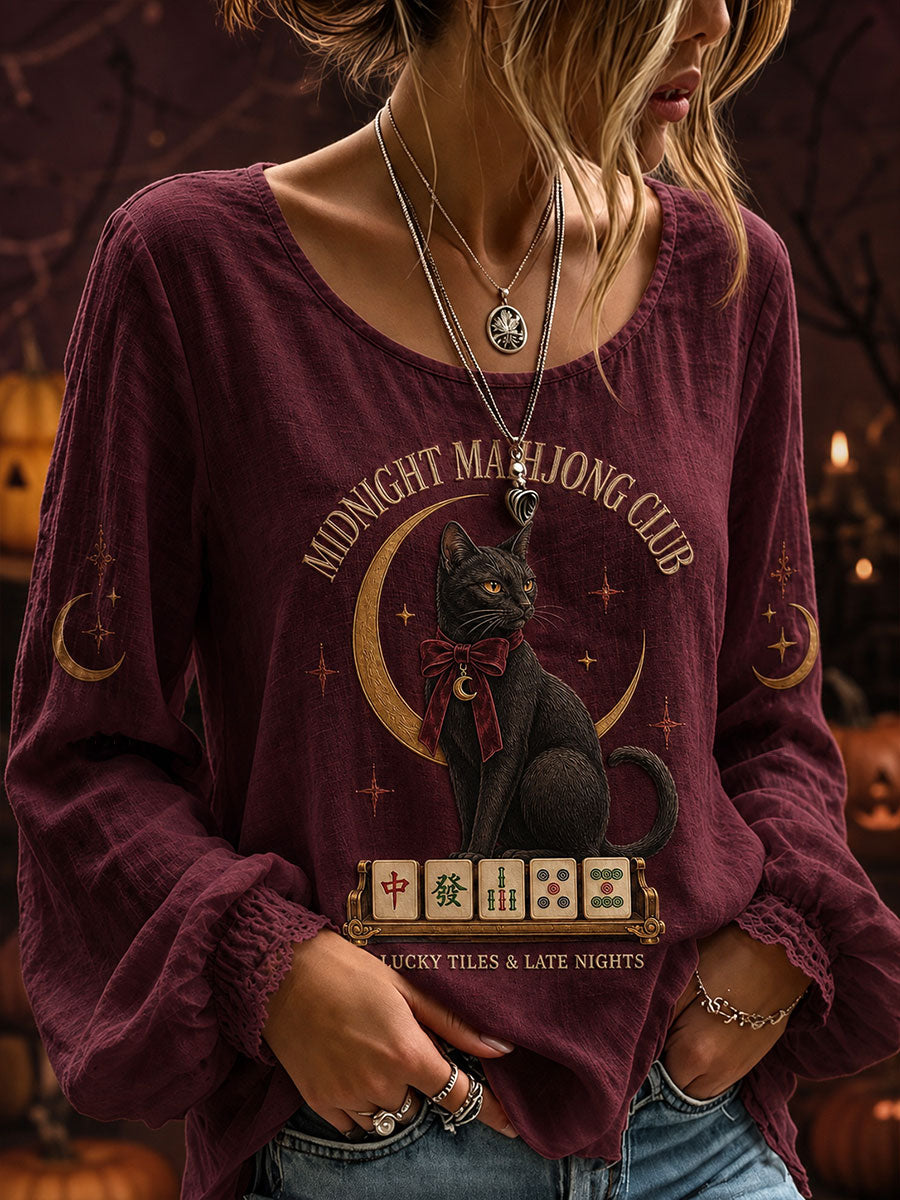 Women's Halloween Black Cat Mahjong Tops