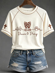 Women's Yorkie Christian Paws & Pray Print Round Neck Short Sleeve T-shirt