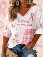 Women's 'In October we wear pink' Mahjong Waffle V-Neck Tops