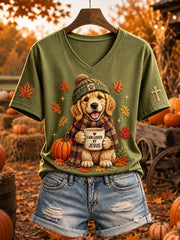 Women's Jesus Loves Golden Retriever Fall Leaves Print Short-sleeved T-shirt