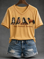 Women's Fall Football Bernese Mountain Dog Print V-neck Short-sleeved T-shirt