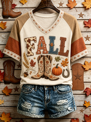 Women's Western-style autumn printed V-neck off-shoulder short-sleeved T-shirt