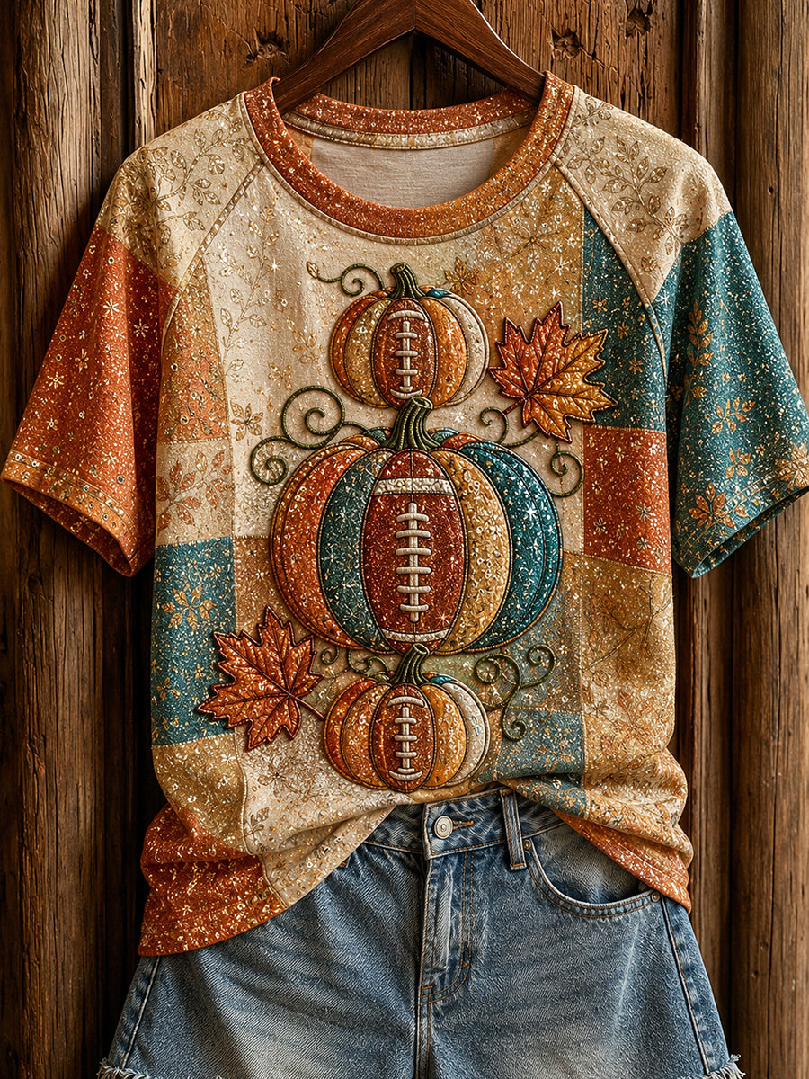 Women's Glitter Fall Football Pumpkin Print Round Neck Short Sleeve T-shirt