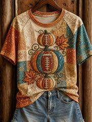 Women's Glitter Fall Football Pumpkin Print Round Neck Short Sleeve T-shirt