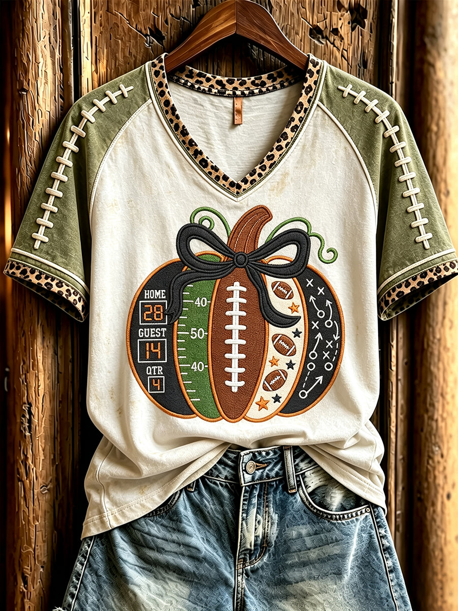 Women's Fall Pumpkin Football Print V-neck Short-sleeved T-shirt