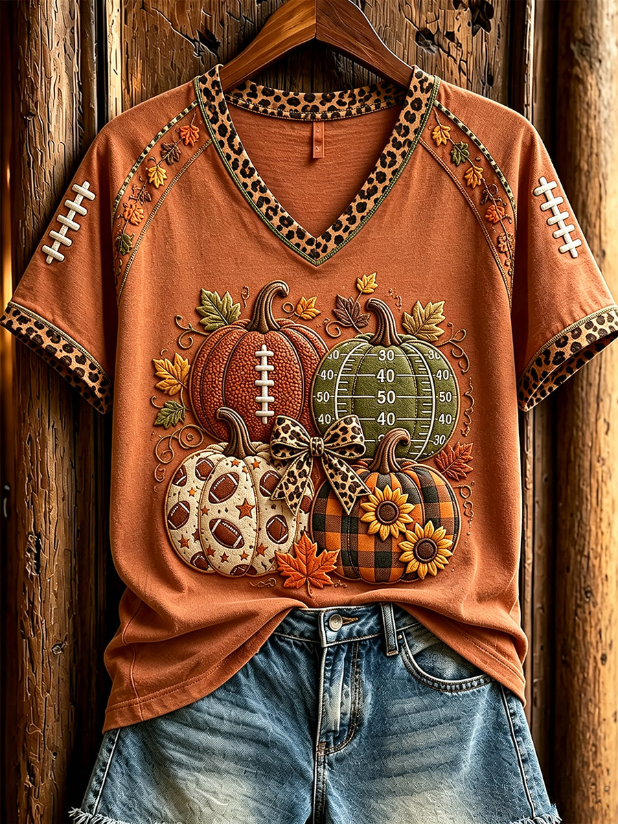 Women's Fall Pumpkin Football Print V-neck Short-sleeved T-shirt