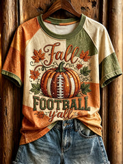 Women's Fall Football Yall Glitter Print Round Neck Short Sleeve T-shirt