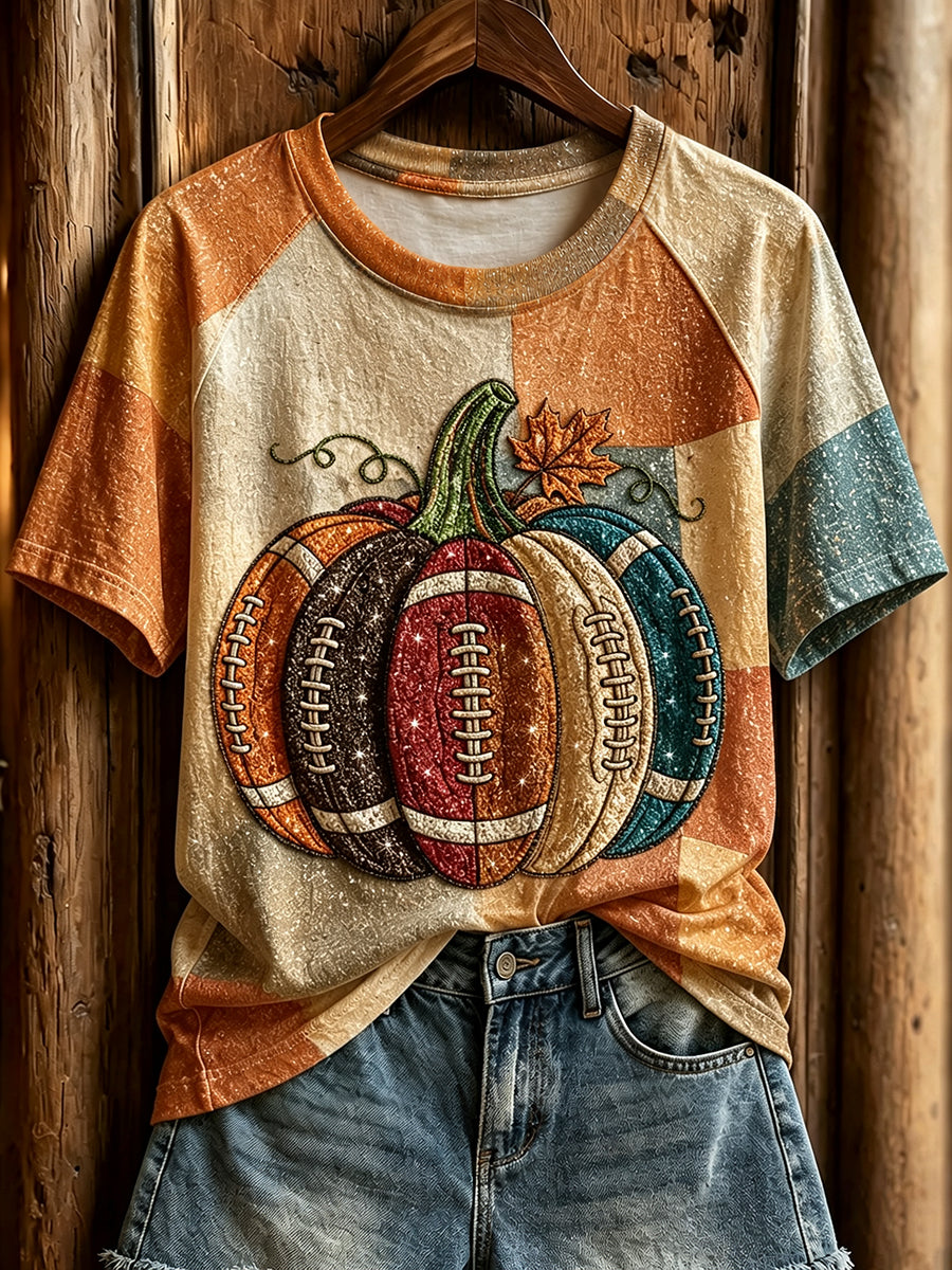 Women's Glitter Fall Football Pumpkin Print Round Neck Short Sleeve T-shirt