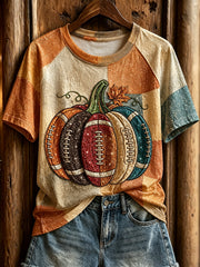 Women's Glitter Fall Football Pumpkin Print Round Neck Short Sleeve T-shirt