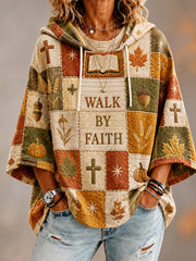 Women’s Fall Christian Walk By Faith Patchwork Print Casual 3/4 Sleeve Hoodie