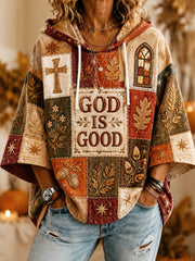 Women’s Fall Christian God Is Good Patchwork Print Casual 3/4 Sleeve Hoodie