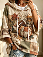 Women’s Fall Football Pumpkin Patchwork Print Comfy Hoodie