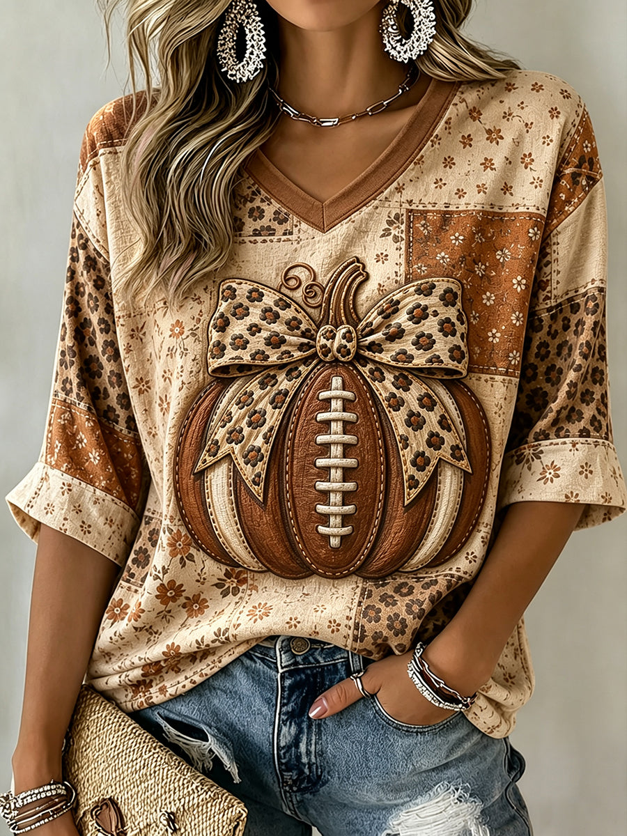 Women's Fall Football Pumpkin Patchwork Print Mid-length Sleeves V-Neck T-Shirt