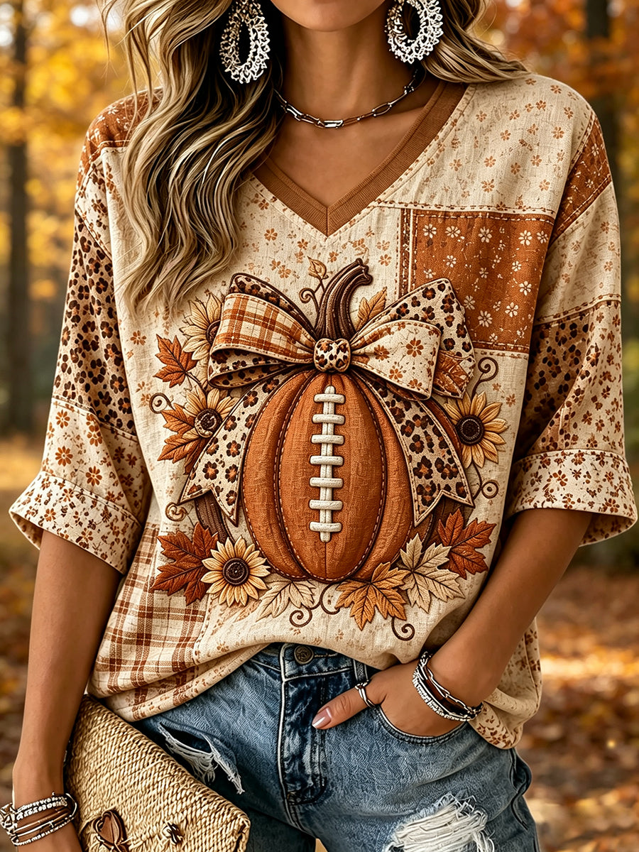 Women's Fall Football Pumpkin Patchwork Print Mid-length Sleeves V-Neck T-Shirt